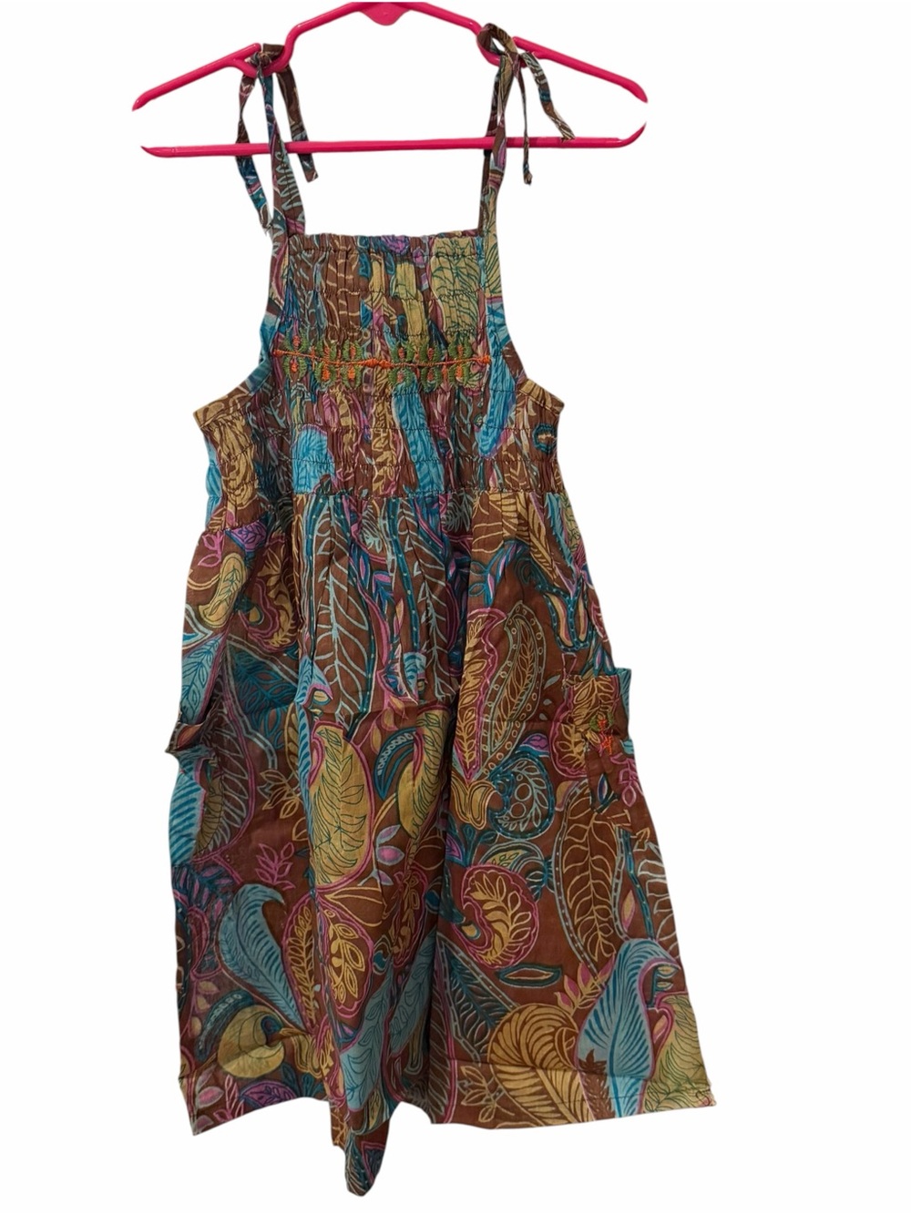 Raj Kids Brown Paisley Boho Smocked Tie Strap Cotton Dress 4-5Y NWT